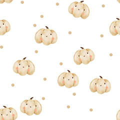 Watercolor seamless pattern with cute pumpkin. For Happy Halloween: wrapping paper, cards, posters, textiles, kids and home decor projects