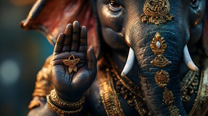 Fototapeta premium Close up of Ganesha s Elephant Trunk Holding a Blessing Hand Highlighting Protection and Blessings
