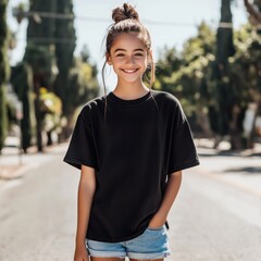 Youth black oversized tshirt mockup. Beautiful teen girl model wearing basic crewneck t-shirt mock up. Teenager's regular shirt, front view of casual tee, young urban lifestyle, summer city street