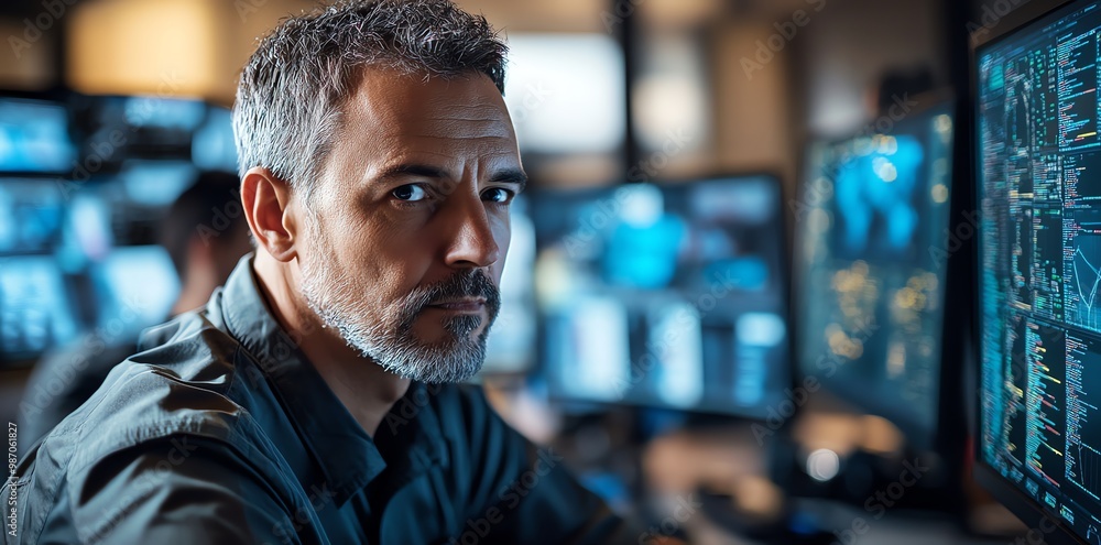Poster a focused man with a beard looking directly at the camera, in front of a computer screen with code o
