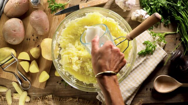 Woman Pouring Milk into Mashed Potatoes &ndash; Cooking and Preparation Concept