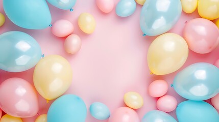 Pastel colored balloons in pink blue and yellow with Easter egg shapes create a joyful spring theme background perfect for festive celebrations and cheerful events