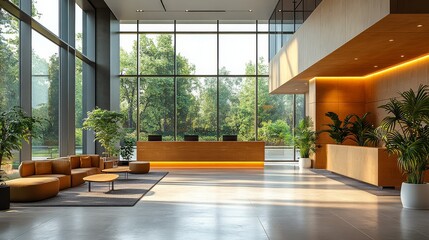 Modern office lobby with large windows, cozy seating area, wooden decor, and lush indoor plants creating a welcoming and professional atmosphere.