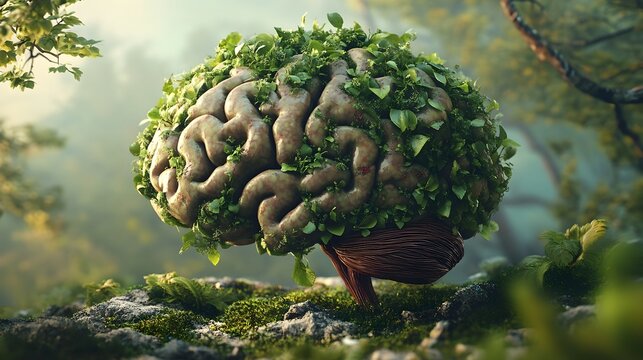 Conceptual 3D depicting the human brain enveloped in a sprawling overgrown plant life symbolizing the interconnectedness of the mind nature and the vast potential for growth and discovery