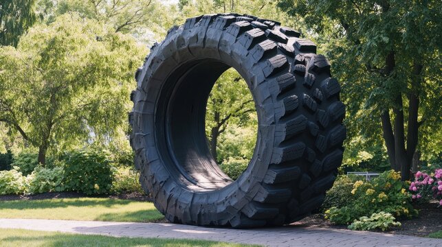 A large car tire sculpture in an outdoor setting, showing creativity in design and materials, with space for event announcements.