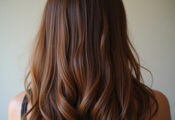Obraz premium A person with long, wavy brown hair is turned away, showcasing the beautiful waves and shine. Neutral background that highlights hair texture. Hair care, the effect of cosmetics Generative AI