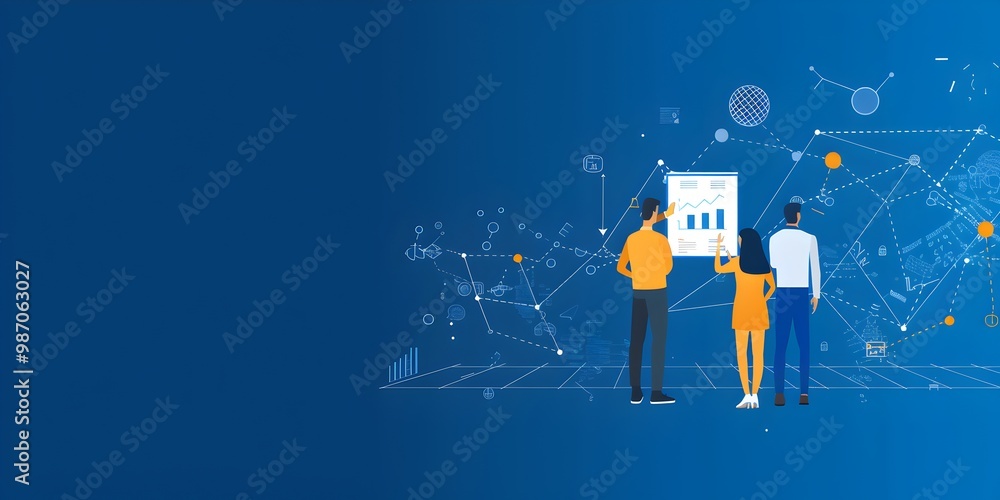 Aufkleber three people standing on a digital line, one person holding a whiteboard with graphs and icons float