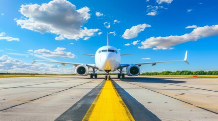 Airplane taxiing on active runway at airport, following yellow taxiway line towards terminal