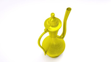A bright golden traditional Arabian coffee pot (dallah) is placed against a minimalist white background. The pot’s elegant, curved spout and handle reflect a classic, cultural design.