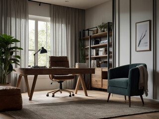 Fototapeta premium a photorealistic scene of a minimalist home office setup, featuring a laptop, a warm cup of tea, and a comfortable chair by a large window with sheer curtains, letting in soft natural light for a sere