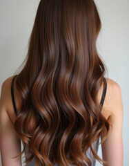 Obraz premium A person with long, wavy brown hair is turned away, showcasing the beautiful waves and shine. Neutral background that highlights hair texture. Hair care, the effect of cosmetics Generative AI