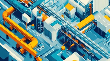 A vibrant aerial view of a modern industrial layout showcasing intricate pipes, machinery, and innovative design elements.