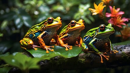 Naklejka premium Colorful Frogs Resting on Green Leaves Surrounded by Vibrant Flowers in a Tropical Rainforest Environment