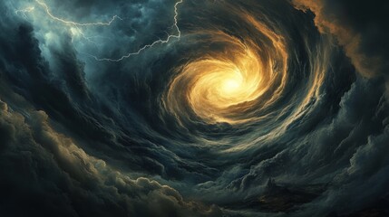 Naklejka premium Dramatic swirling storm clouds forming a powerful vortex in a dark, ominous sky, creating a sense of immense natural force and turbulence.