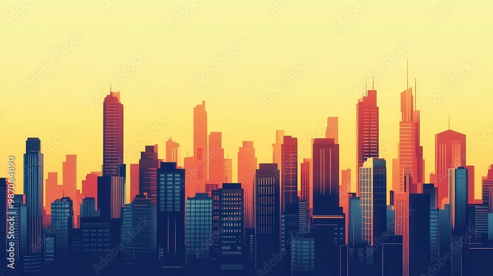 Wall mural a vibrant city skyline at sunset, showcasing modern architecture and a colorful horizon, perfect for