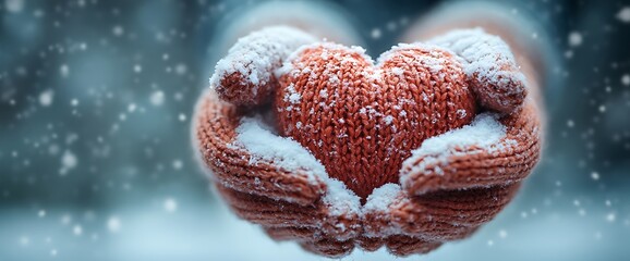 Closeup of hands in knitted gloves holding a red heart covered in snow, with a blurred winter background.