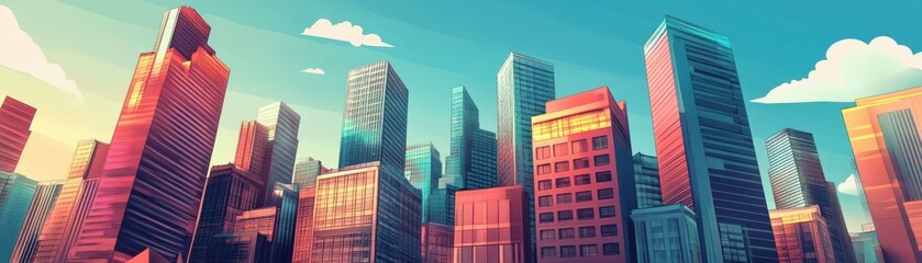 Fototapeta premium A vibrant city skyline at sunset, showcasing modern architecture and colorful hues, ideal for urban-themed projects.