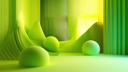 A vibrant 3D gradient from neon green to bright yellow, with bold, abstract shapes and depth that create a visually stimulating and playful scene.