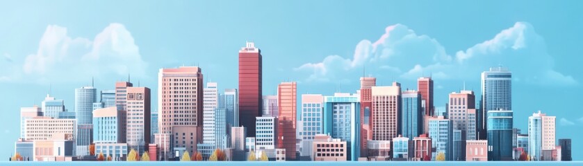 Fototapeta premium A vibrant city skyline with modern architecture set against a clear blue sky, showcasing urban life and growth.