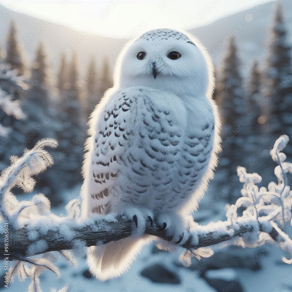 Poster a stunning snowy owl, with intricate feather patterns, sits gracefully on a frosty branch. the backg