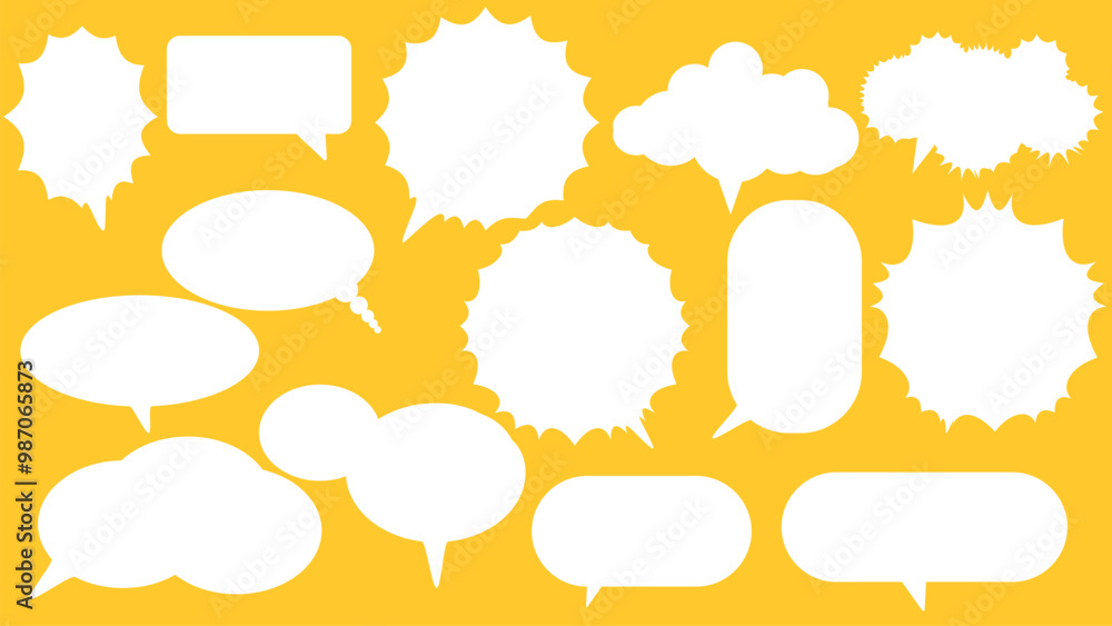 Poster White speech bubbles and clouds on bright yellow background create vibrant and playful design. These elements can be used for various creative projects, adding fun touch to any visual communication.