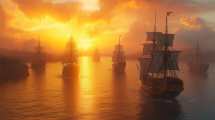 Photorealistic painting of Spanish ships on calm water, at dawn