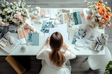 Overhead view of a wedding designer's desk with floral arrangements, color swatches, and design samples, as they work on creating elegant event decorations