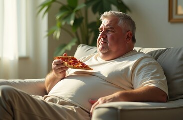 fat man eating pizza