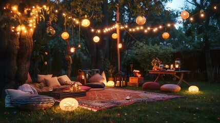 outdoor picnic area with lights, fairy lanterns and boho decorations creates a summer evening vibe, creates a cozy atmosphere perfect to enjoy a peaceful moment outdoors in the style of bohemian decor