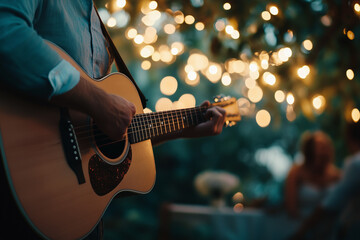 Fototapeta premium Close-up of a musician playing an acoustic guitar under twinkling string lights during an intimate outdoor evening event