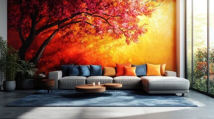 Autumnal Wall Mural in a Modern Living Room