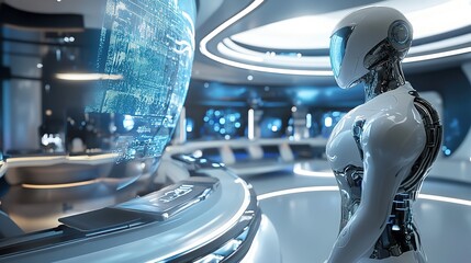 Advanced humanoid robot using artificial intelligence with holographic projection capabilities is interacting on a computer screen.