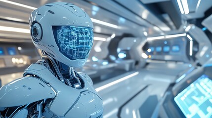 Advanced humanoid robot using artificial intelligence with holographic projection capabilities is interacting on a computer screen.