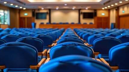 Naklejka premium Spacious conference hall featuring blue chairs from a rear perspective, ready for events