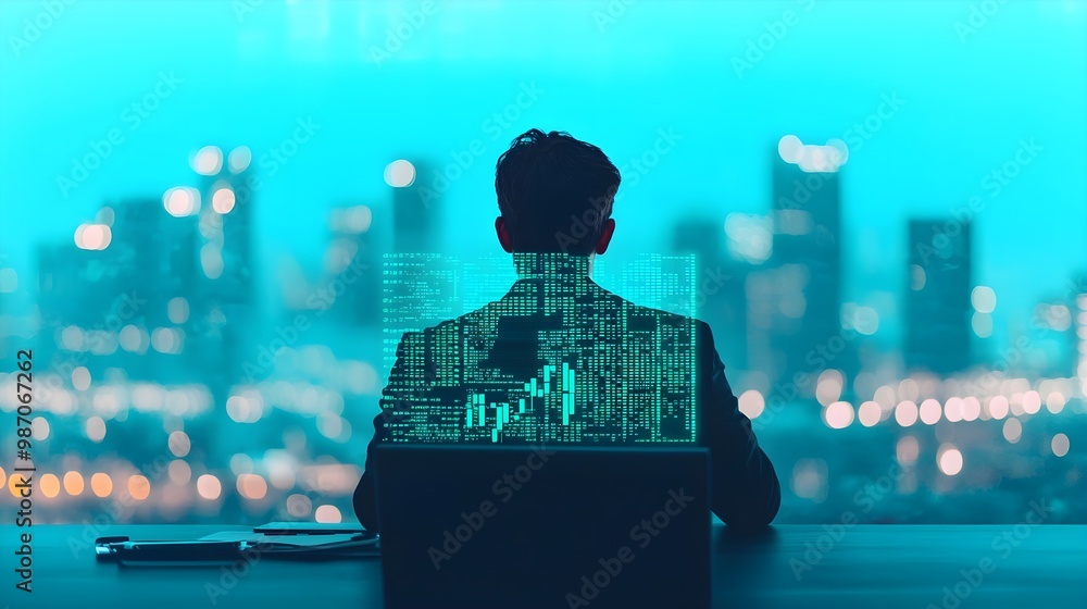 Poster financial trader silhouette with data analysis