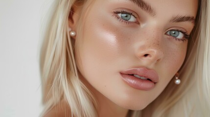 Naklejka premium blonde model with straight hair, light makeup and pink lip gloss, wearing pearl earrings against a white background in a close-up