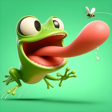 a 3D cartoon of a cheerful frog jumping with a comically long tongue reaching for a fly