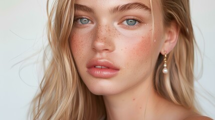 blonde model with straight hair, light makeup and pink lip gloss, wearing pearl earrings against a white background in a close-up
