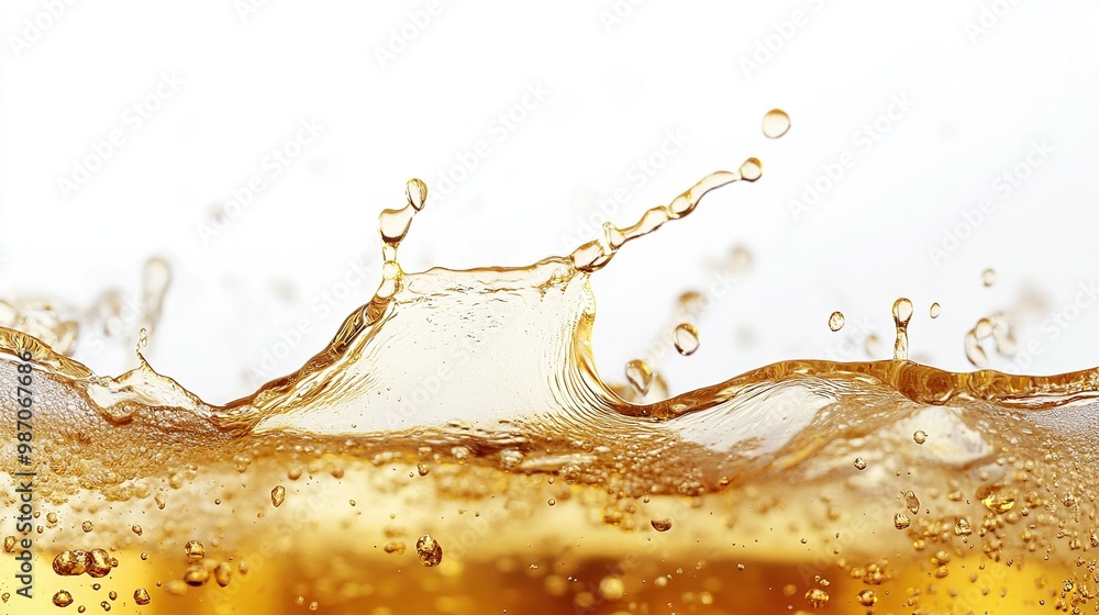 Poster close-up of beer splashes and droplets isolated on white background