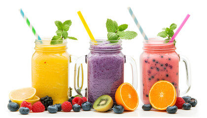 Different tasty smoothies in mason jars isolated on white