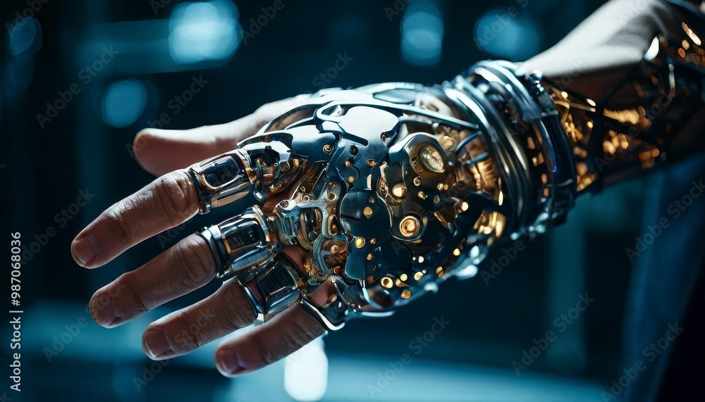 Poster a highly detailed close-up shot of a mechanical hand, showcasing the intricate components and crafts