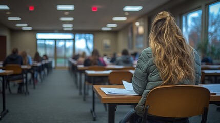 Students seated at desks in a classroom taking an exam, focused atmosphere, rear view, bright room with large windows.