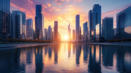 Obraz premium A calm river reflecting the towering skyscrapers of a modern city at dusk, with vibrant colors filling the sky as the sun sets.