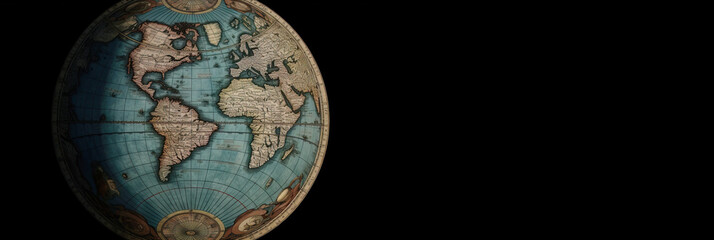 Flat earth atlas map, black background. The concept of globalization, saving the planet. AI generated.