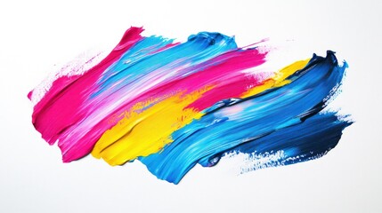 Energetic 3D acrylic paint strokes in vibrant cyan, hot pink, and bright yellow, creating a bold, dynamic abstract design on a clean white canvas.