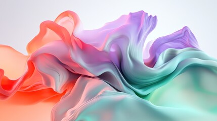 Flowing 3D strokes in shades of coral, deep purple, and mint green, forming a smooth, abstract composition with swirling textures against a white background.