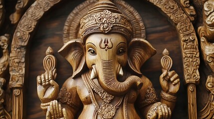 Obraz premium Exquisite Carved Ganesha Statue Showcasing Timeless Craftsmanship and Spiritual in Intricate Wood or Stone Carvings of the Revered Hindu Deity