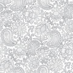 Doodle, swirl hand drawn pattern, grey flowers, white background. Seamless floral pattern-408.