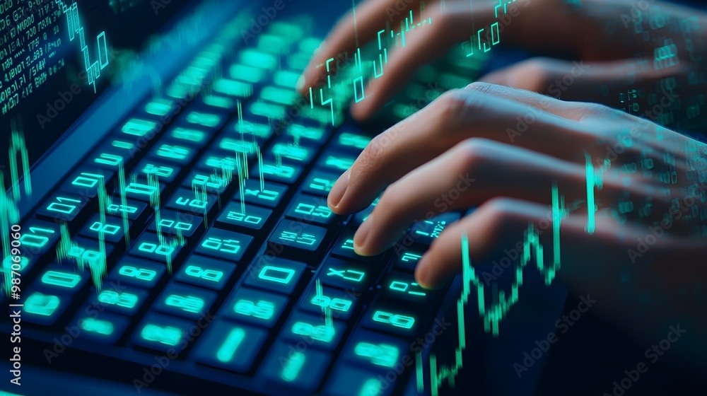 Aufkleber hands typing on keyboard with green stock chart