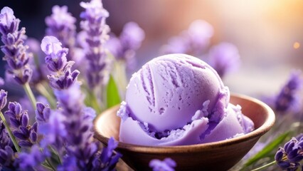 Lavender ice cream, among the lavender flowers. Promotional photo.